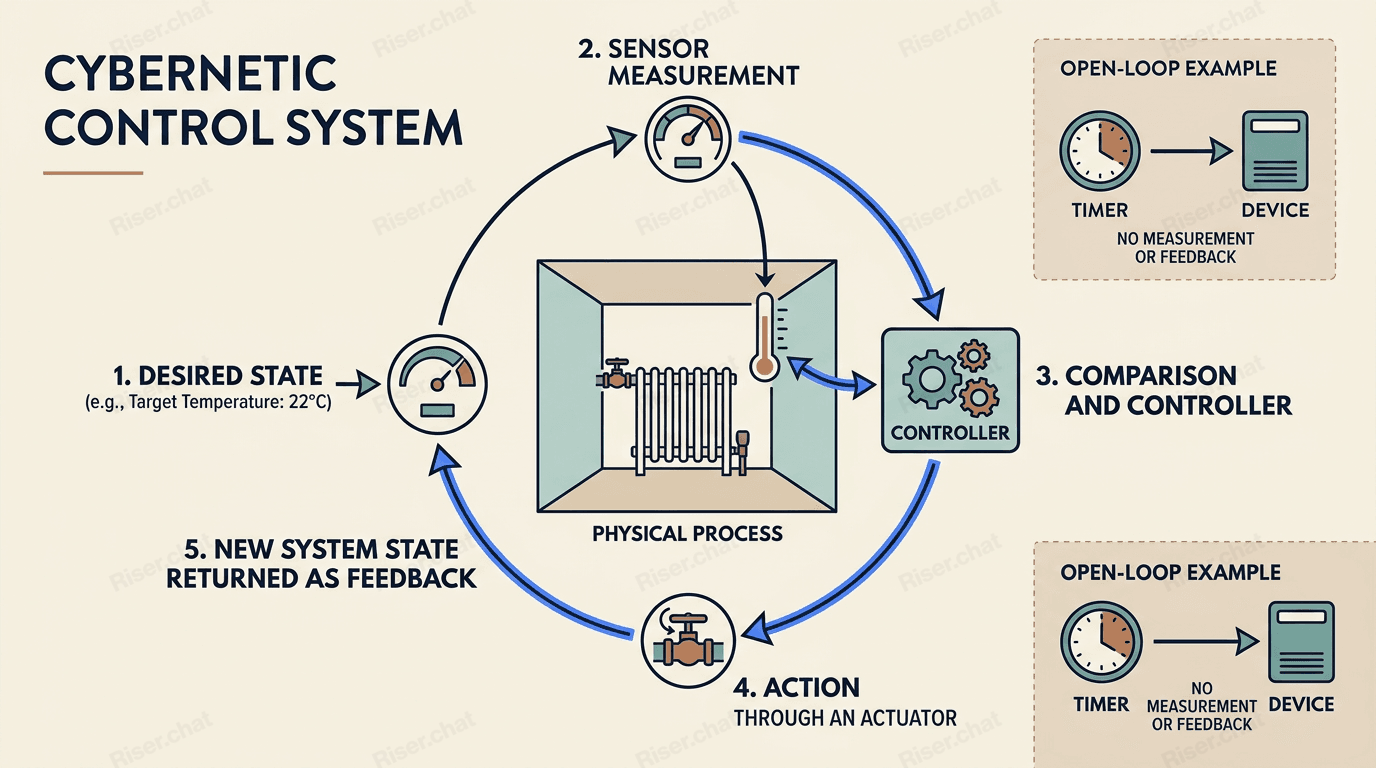 Core elements of a cybernetic system: goal, sensor, controller, action, and feedback