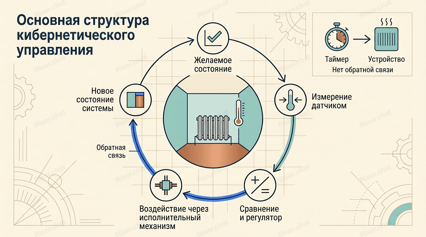 Основные элементы кибернетической системы: цель, датчик, контроллер, действие и обратная связь